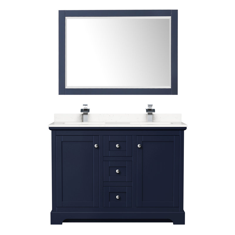 Ensemble de meuble-lavabo double 48 po avec miroir Avery, Bleu foncé, Noir mat, Marbre de culture de Carrare