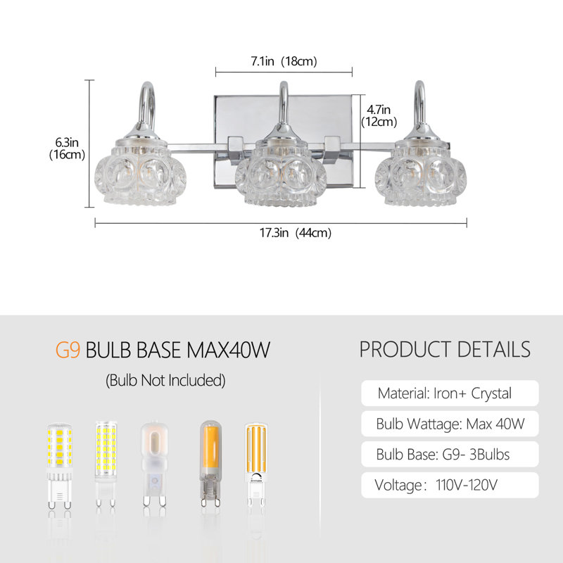 Elegant Bathroom Vanity Lamp In Brushed Nickel - 3- Crystal Fixture With Clear Shades, Materials, For Bath & Dressing Room Use