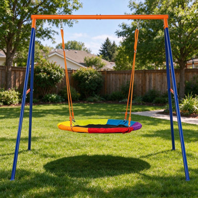Metal A-Frame Swing Set for Backyard, 40 Inch Large Saucer Swing Seat, Heavy Duty Outdoor Swing Frame Supports up to 440 LBS for Kids Playground