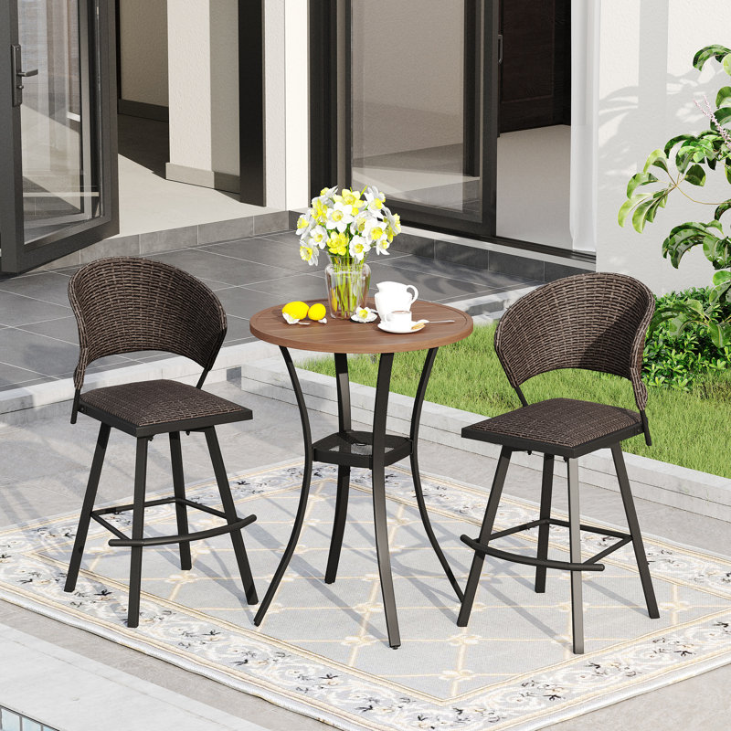 Ensemble de bar d'extérieur 3 pièces avec tabourets pivotants, Brun / Noyer