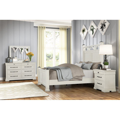 Laria Antique White Finish Wood Panel Bed With Dresser, Mirror, And Nightstand -  Roundhill Furniture, B847QDMN