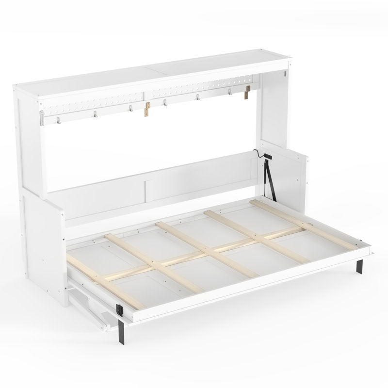 Lit escamotable double avec bureau, station de charge USB, lumières DEL, blanc, Lit double, Blanc