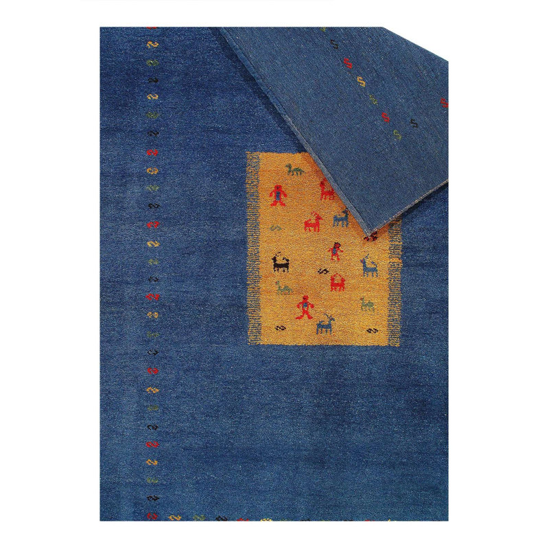 No Pattern and Not Solid Color Handmade Rectangle 6' x 9' Cotton/Wool Area Rug in Blue/Black/Gold/Red