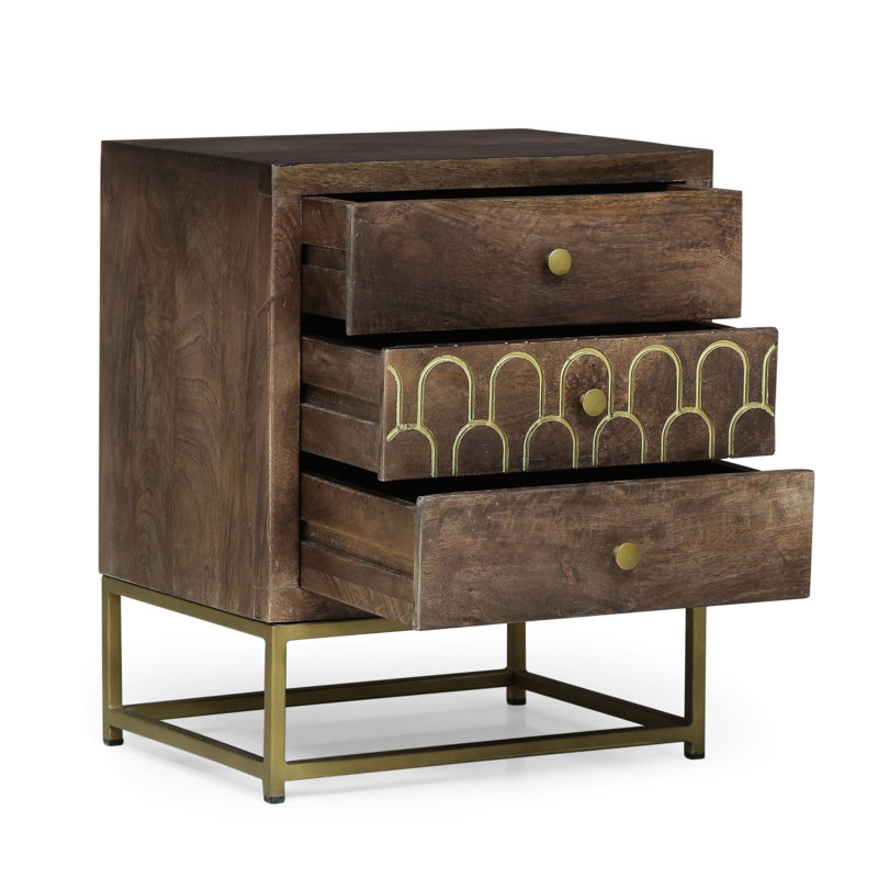 Table de chevet contemporaine en noyer avec bois de manguier et fer avec rangement spacieux