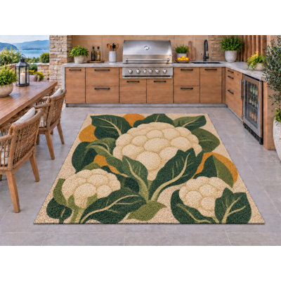 Tapis d'extérieur 5' x 7' à motif botanique de chou-fleur, tapis bouclé en PVC épais, solide et imperméable, tapis de patio robuste, tapis intérieur/extérieur à séchage rapide pour cuisine, porche, terrasse, balcon, entrée.
