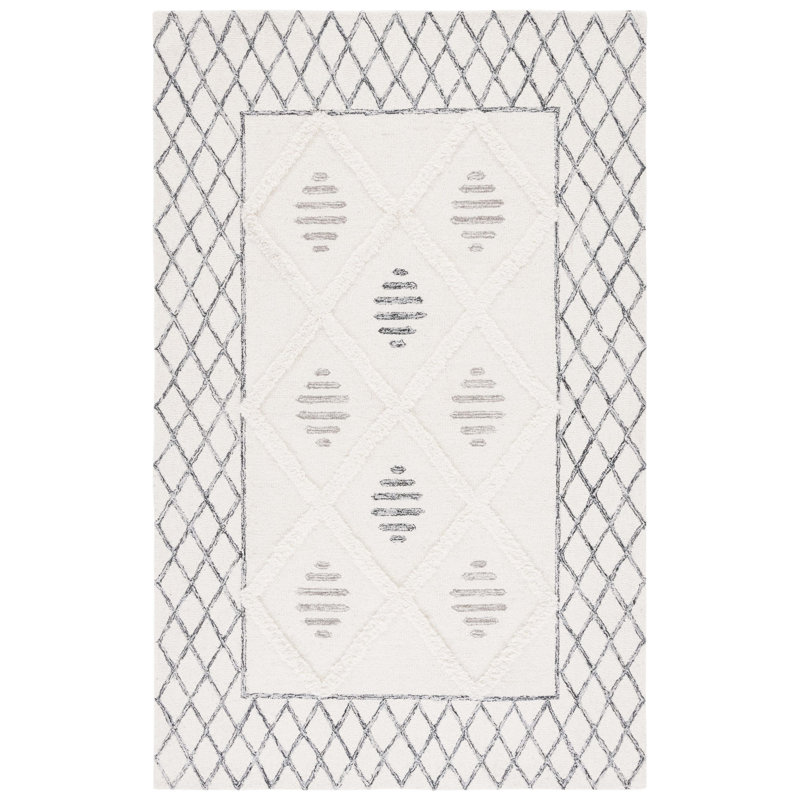 Anaia Hand Tufted Wool/Cotton Geometric Rug in Black/Ivory, Rectangle 5' x 8'