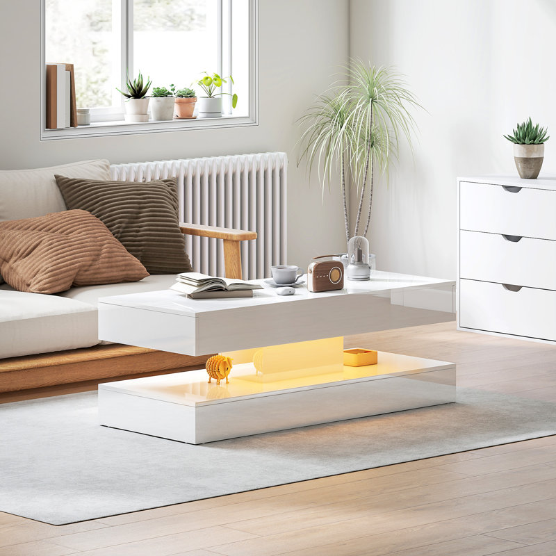 Table basse à DEL, table de salon ultra brillante avec 2 tiroirs, blanc, 16.5" H x 47.2" W x 19.7" D