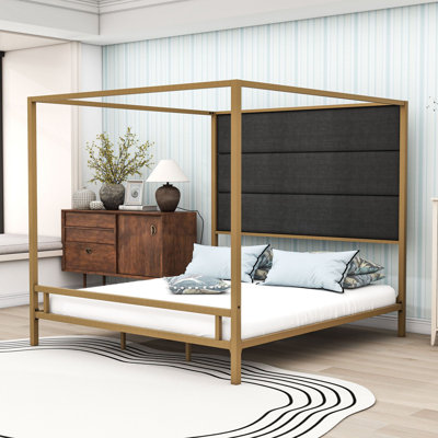 Metal Canopy Bed with Linen Upholstered Headboard