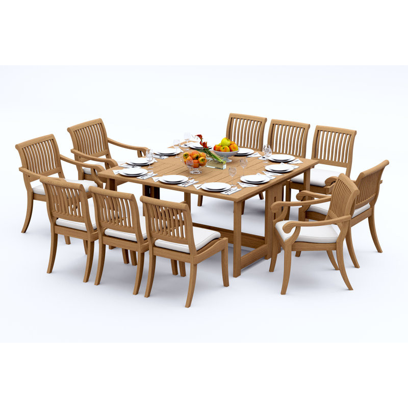 8 Seats 9 Pcs Grade-A Teak Wood Dining Set: 60" Square Rectangle Butterfly Table And 8 Arbor Stacking Chairs (4 Arm & 4 Armless Chairs) #11AB1404