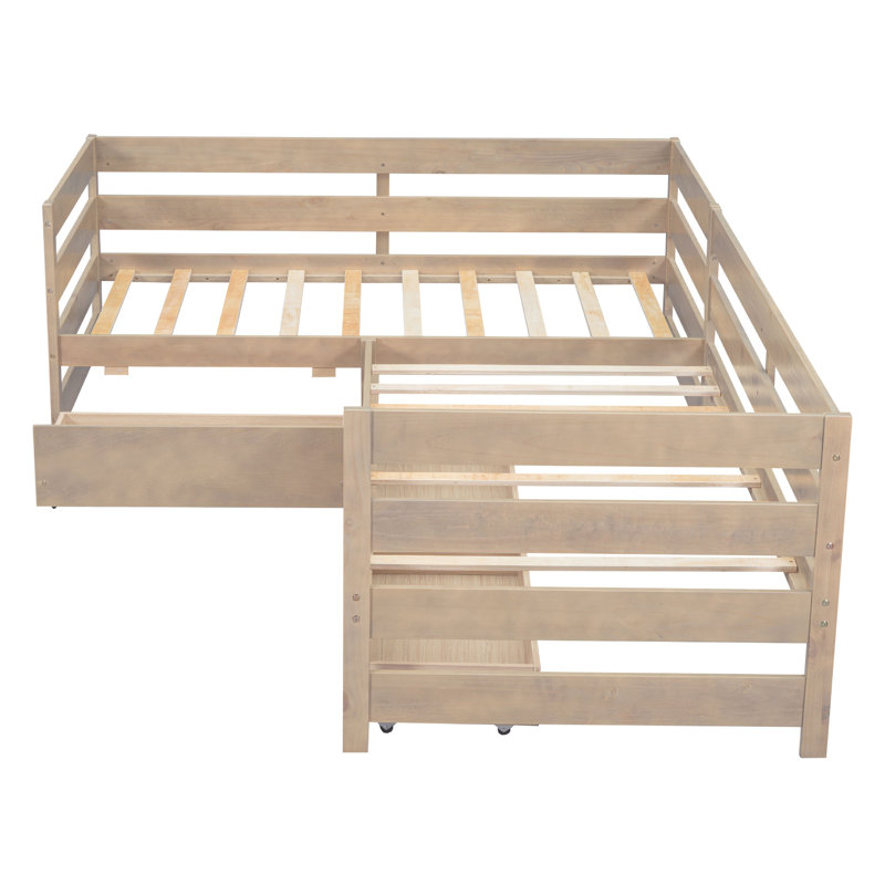 Lit plateforme simple en forme de L avec trois tiroirs de rangement, Naturel