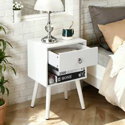 Table de chevet blanche et chêne 15,0 po, panneau de particules P2 et pieds solides, mélamine mate, poignée en anneau, 1 tiroir