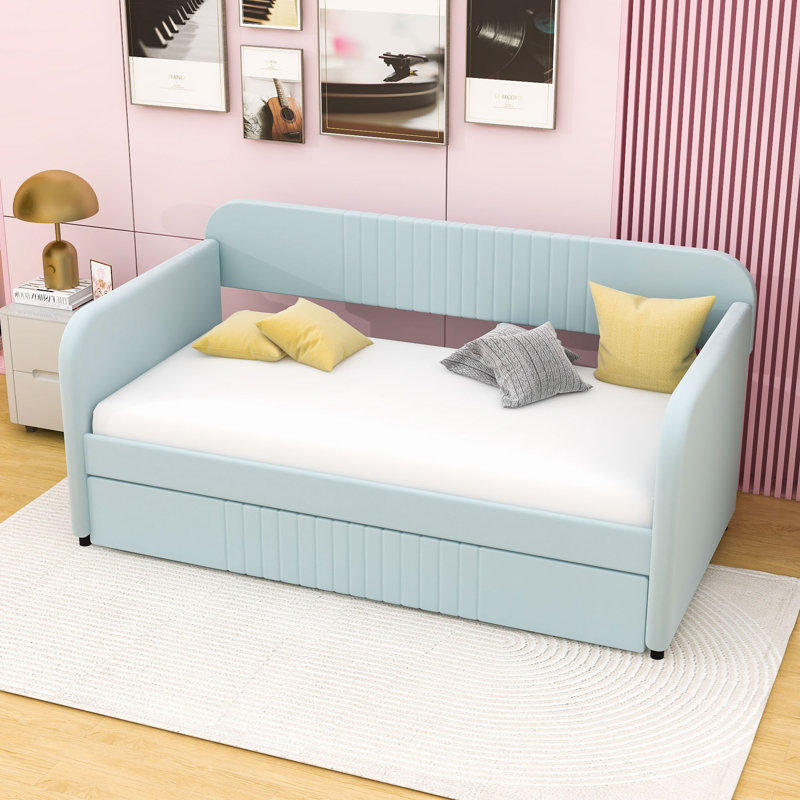 Gabbey Upholstered Daybed with Trundle and Slats, Light Blue
