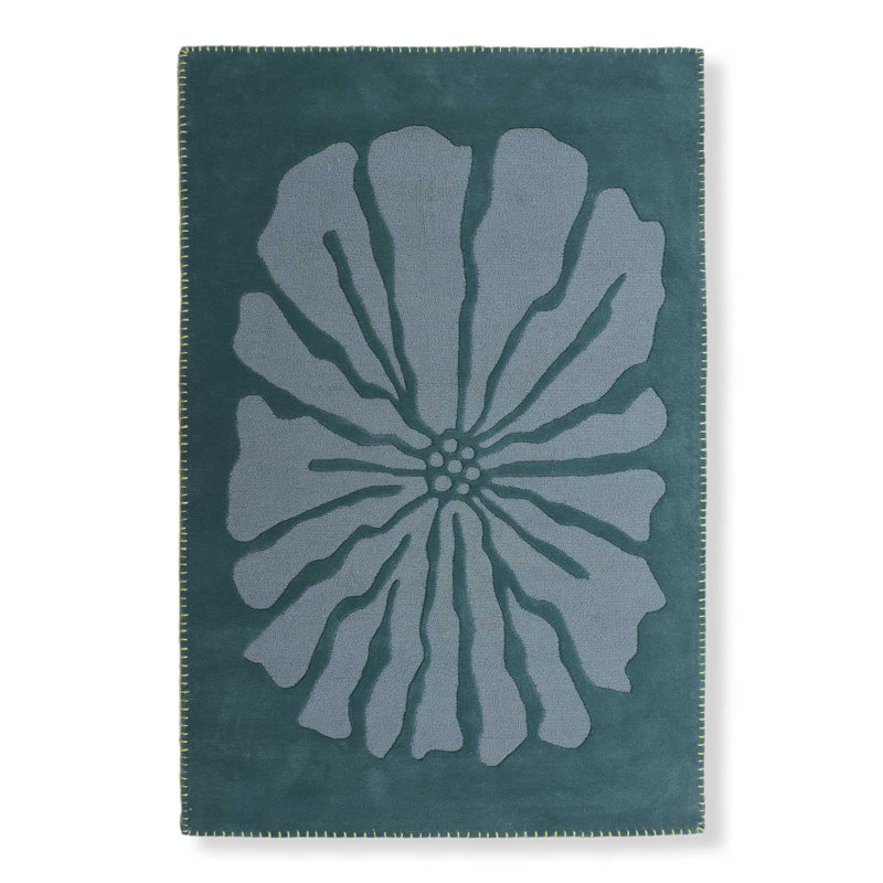 Wool Floral Area Rug in Teal, Rectangle 8' x 10'