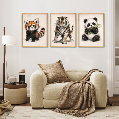 Cute Wildlife Animals Framed Wall Art Prints Set of 3 - Red Panda Tiger Panda Nursery Kids Room