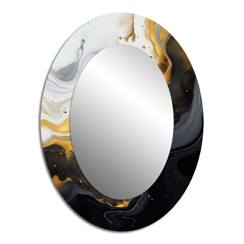 Gold And Black Marble Essence III - Gold Modern Oval Wall Mirror, 40" x 30"