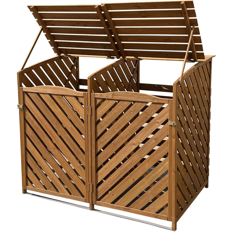 Brown Wooden Double Door Trash and Recyclables Bin Storage Shed