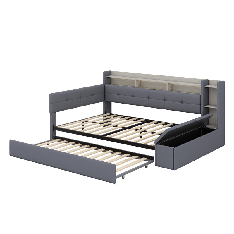 Daybed with Storage Footstool & Shelves, Upholstered Frame with Trundle, USB & LED Light, Grey