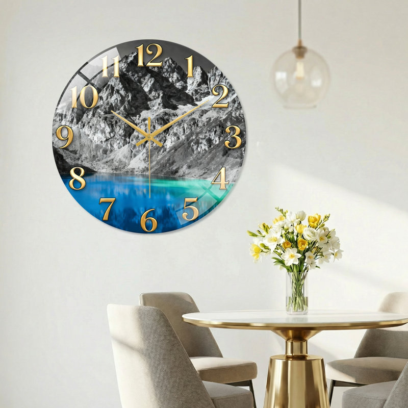 "Mountain Lake", horloge murale en verre, 60 x 60 cm (23,6 x 23,6 pouces)
