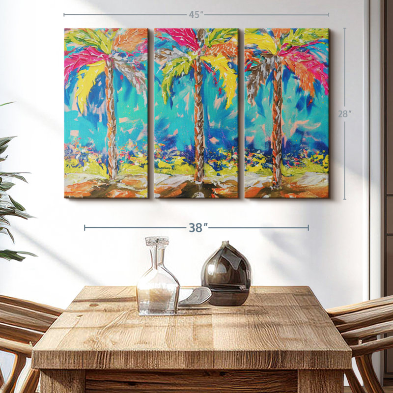 «Summer Tropical Palms», 3 pièces sur toile, H 28 po x l 45 po x P 1,25 po