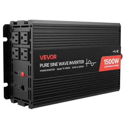 Onduleur 1500W, onduleur sinusoïdal pur 12V DC à 120V AC, convertisseur de chargeur de voiture avec télécommande, ports USB et Type-C, 4 prises CA, charge rapide pour véhicule récréatif, camping en plein air