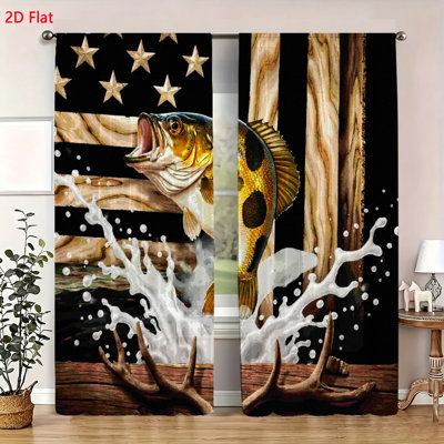 2 Piece Window Curtain Set Rustic Bass Fish Jumping Patriotic Wood Plank Backdrop Print Modern Home Decor Drapes For Living Room Bedroom Kitchen Window Treatments Decorative Hanging Panels