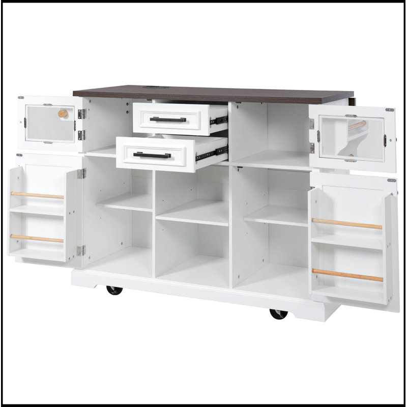 Rustic Kitchen Island with Drop Leaf, Power Outlets, and Ample Storage on Wheels, Perfect for Modern Farmhouse Decor, White