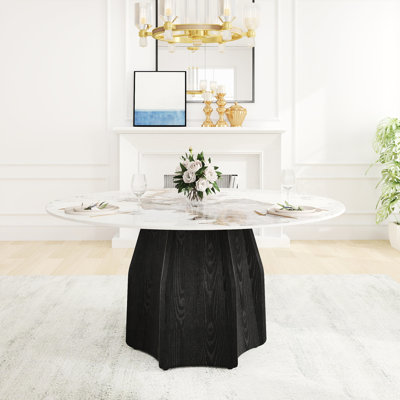 Table ronde blanche de 57,57 po pour la salle à manger, marbre artificiel avec base en bois massif texturé noir, pouvant accueillir 6 à 8 personnes, salle à manger de 6 à 8 personnes