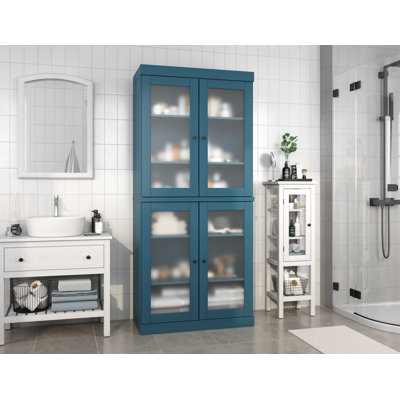 32" 100% Solid Wood Freestanding Bathroom Cabinet with Frosted Glass Doors & Adjustable Shelves – Modern Bathroom Storage