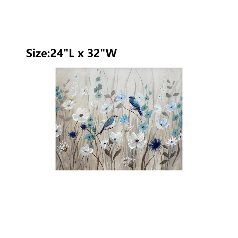 «Birds And Blue-White Blossoms Meadow», art mural non encadré, 32 x 24