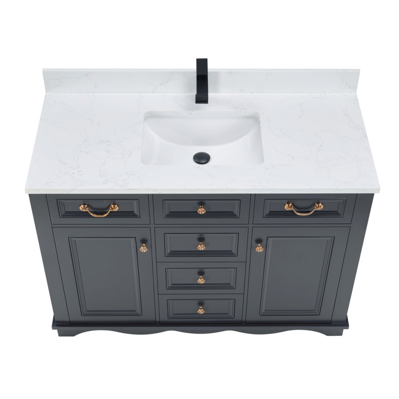 48" Cadet Finish Solid Wood Sink Vanity  With 1' Artificial Stone Top, Tricorn Black