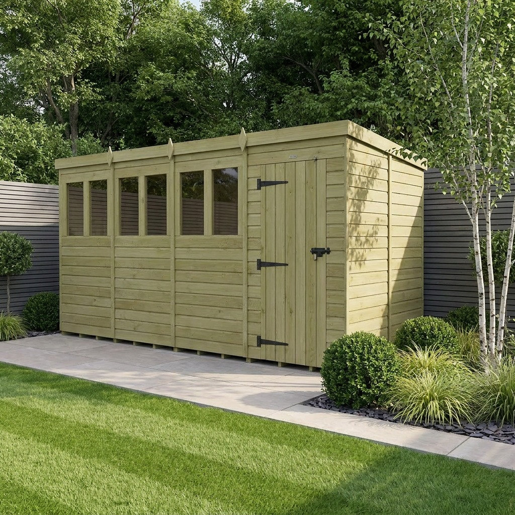 Total Sheds 16ft x 9ft Pent Garden Shed - Single Door - With Windows - Pressure Treated Timber - UK Manufactured