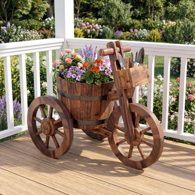 Barrel Tricycle Planter, Rustic Wooden Plant Stand With Wheels, Drainage Hole & Storage Box, Indoor Outdoor Decorative Planter For Flowers Herbs Vegetables, Garden Flower Cart For Patio, Backyard