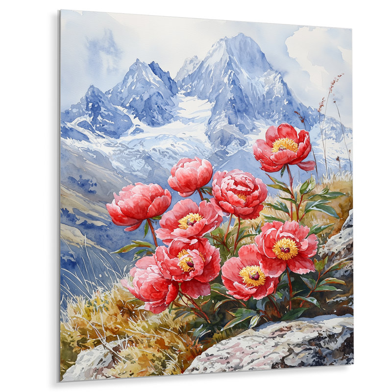 Pe pivoines et pics estivaux de montagne III - impression de pivoines sur métal, H 20 po x l 12 po