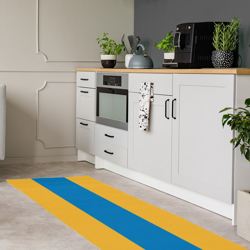 Tapis jaune/bleu rayé, Tapis de couloir 2 pi 6 po x 8 pi