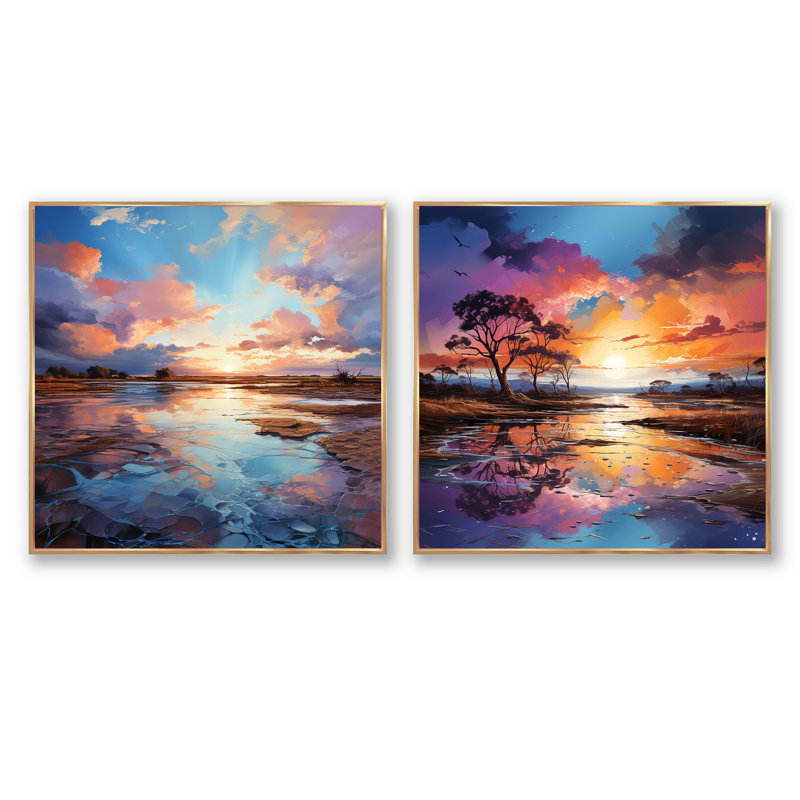 Charmant dessert, ciel au coucher du soleil II - coucher de soleil carré, ensemble de 2, Cadre flottant doré