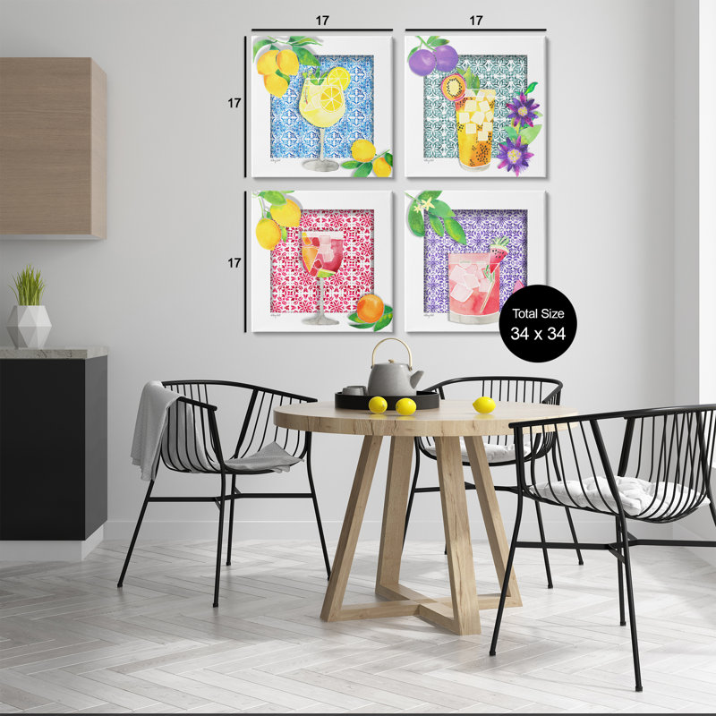 Ensemble de 4 toiles de fruits aux motifs vifs, design par Hillary Holt