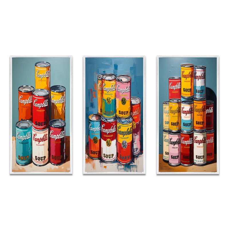 «Pop Art Campbells Soup», 3 pièces sur toile, Cadre flottant blanc, H 20 po x l 36 po