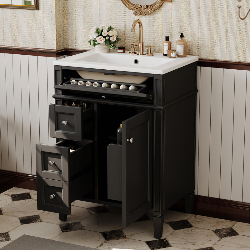 Meuble-lavabo de salle de bain avec lavabo supérieur, meuble de rangement moderne avec 2 tiroirs et un tiroir basculant, meuble-lavabo simple