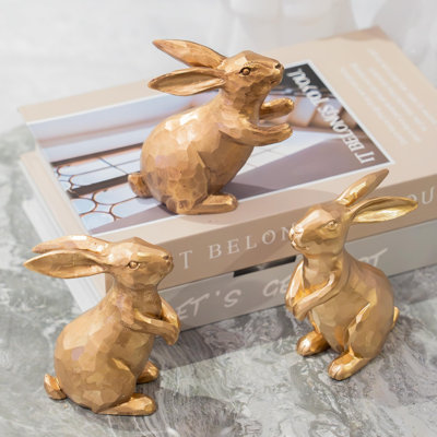 3-Piece Vintage Gold Resin Bunny Rabbit Figurines, Small Easter Decoration, Home Accents For Table Or Shelf