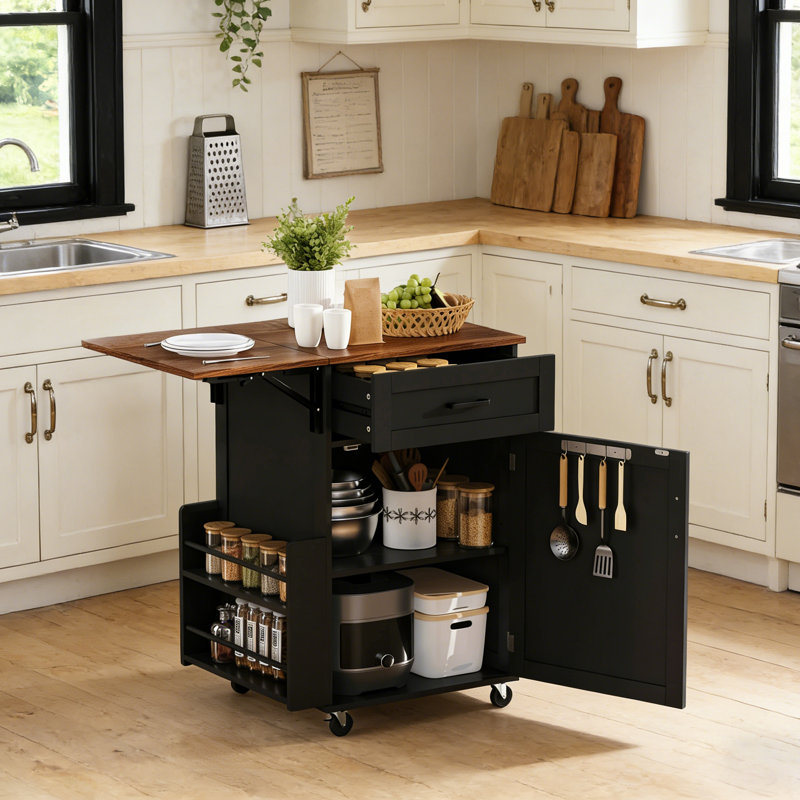 Farmhouse Kitchen Island Cart with Drop Leaf, Drawer and Towel Rack, Black