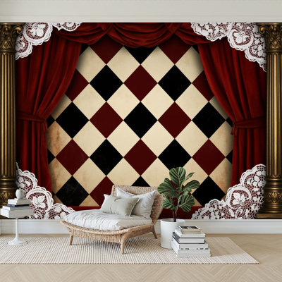 Peel and Stick Wallpaper 96" W x 69" H Modern Self Adhesive Wall Mural for Bedroom Vintage Theater Stage Red Curtains Lace Accents Checkerboard