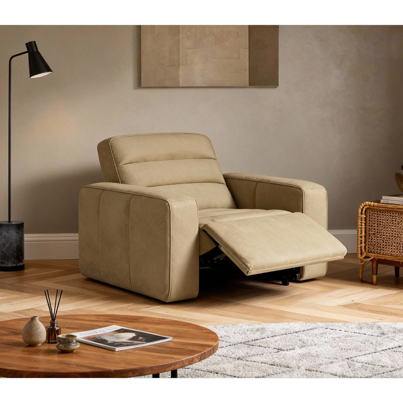 46" Oversized Full-Grain Leather Dual Power Recliner with Zero Gravity & Independent Controls, Beige