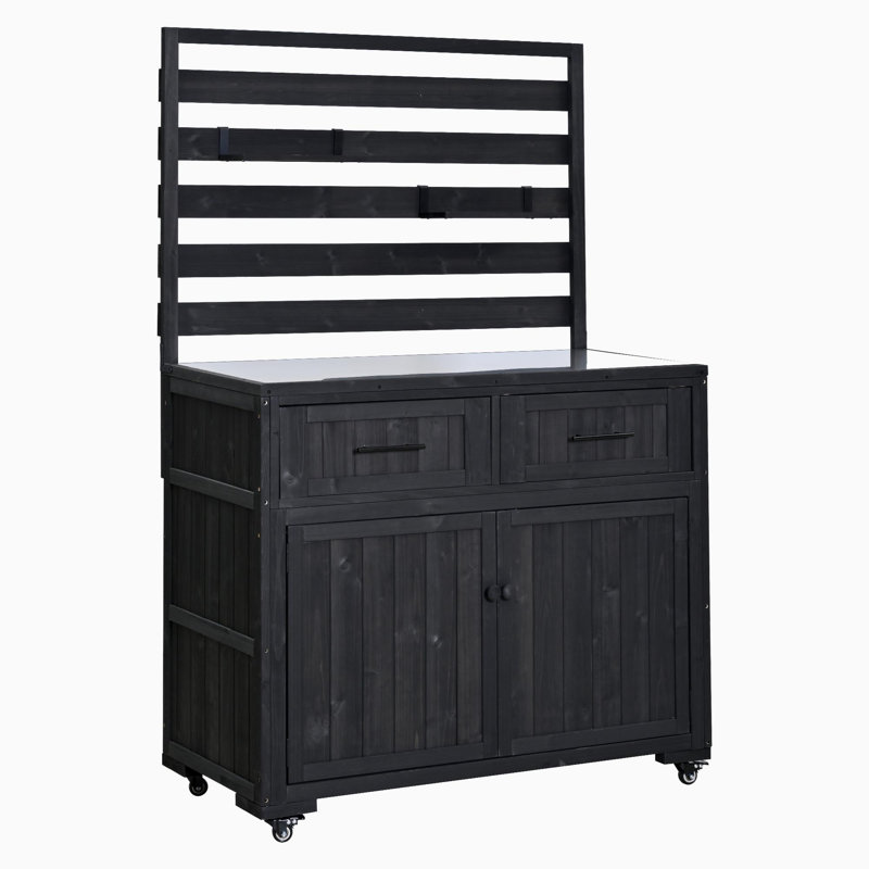 64.9'' H Large Patio Kitchen Island Solid Wood Kitchen Cart, Grill Prep Bbq Table, Garden Potting Bench With Stainless Table Top, 3 Movable Shelves And 2 Drawers,Black