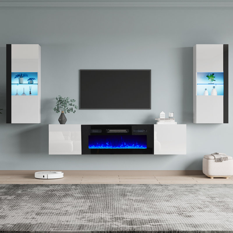 Bhhatu Floating Highgloss Entertainment Center with Electric Fireplace and 2 Bookcases, White/Black, 108"
