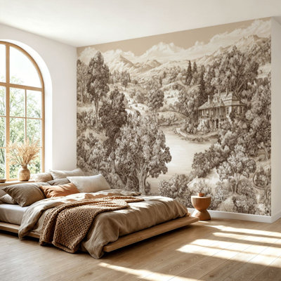 Peel and Stick Wallpaper 69" L x 96" W Modern Self Adhesive Wall Mural for Bedroom - With Antique European River Landscape Print