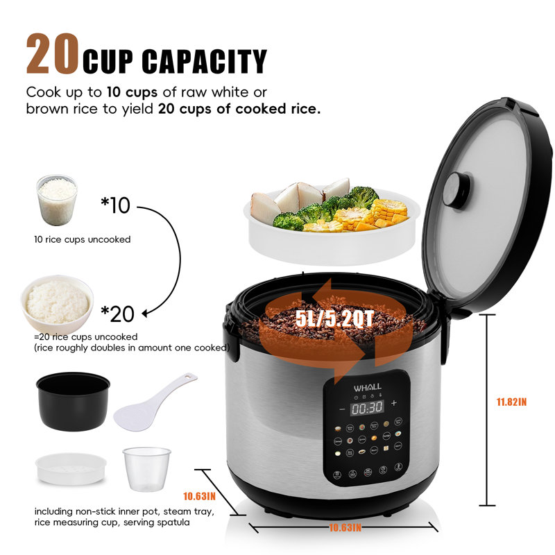 Cuiseur à riz et à vapeur numériques WHALL de 10 tasses, capacité de cuisson de 20 tasses, multifonction avec réglages de cuisson lente et d'avoine, maintien automatique au chaud