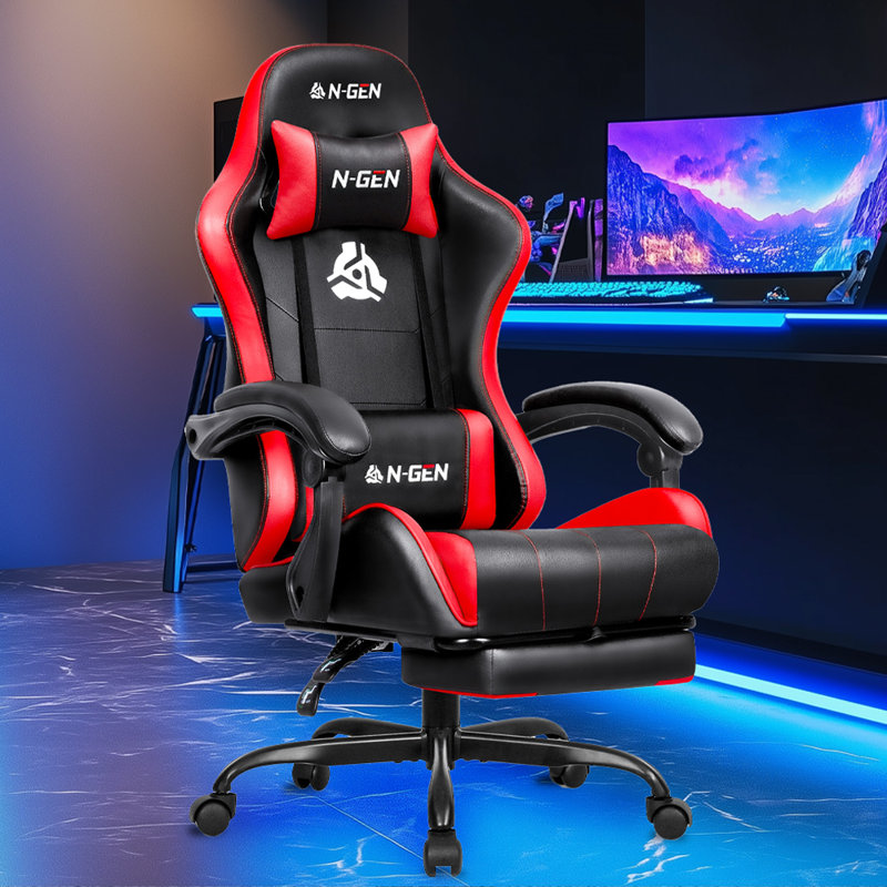 N-GEN Adjustable Reclining Ergonomic Faux Leather Swiveling PC & Racing Gaming Chair, Red