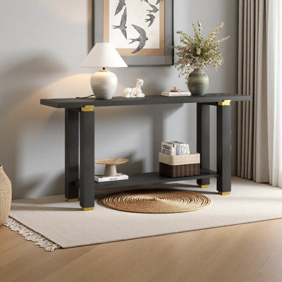 62.9" Modern Minimalist Console Table, Solid Wood Entryway Sofa Table With Metal Accents, Built-In Shelf, For Living Room, Hallway by Ivy Bronx