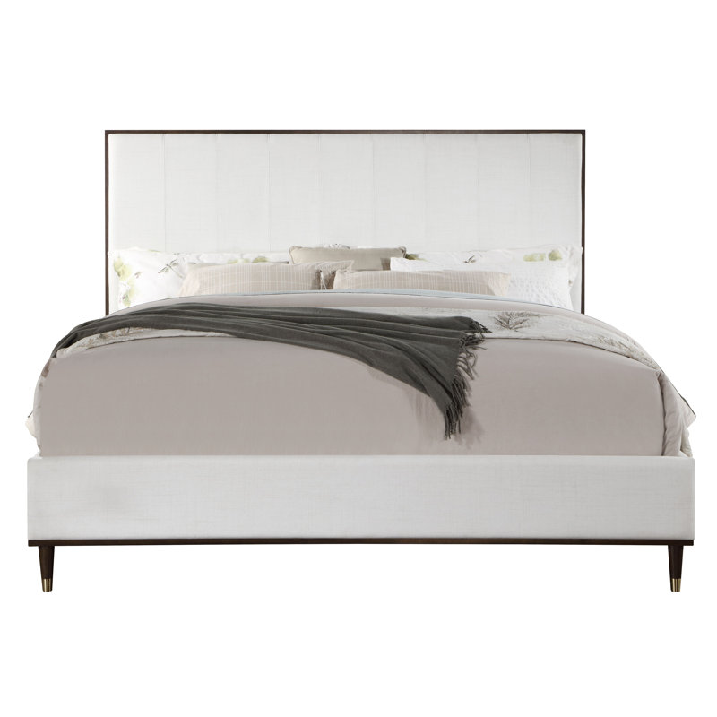 Lit rembourré Dzianis en tissu gris clair, blanc et brun, Grand