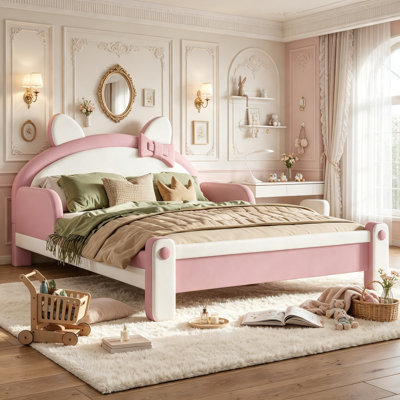 Lit plateforme tapissier avec tête de lit et pied de lit pour enfant Cat, structure de lit à profil bas avec garde-corps, taille double, rose, blanc